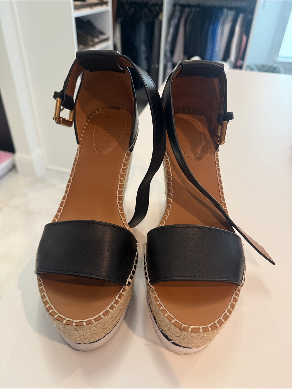 Black Leather Ankle-Strap Platform Wedge Sandals size 9